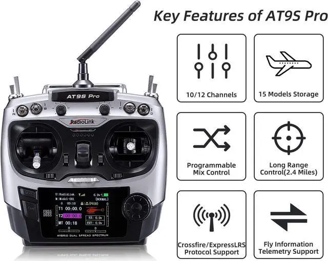 Alt view image 2 of 7 - Radiolink AT9S Pro 10/12 Channels Radio Transmitter and Receiver R9DS, Long Range for Airplane/Jet/FPV Racing Drone/Quad/RC Truck Car/Boat and More (Mode 2 Left Hand)
