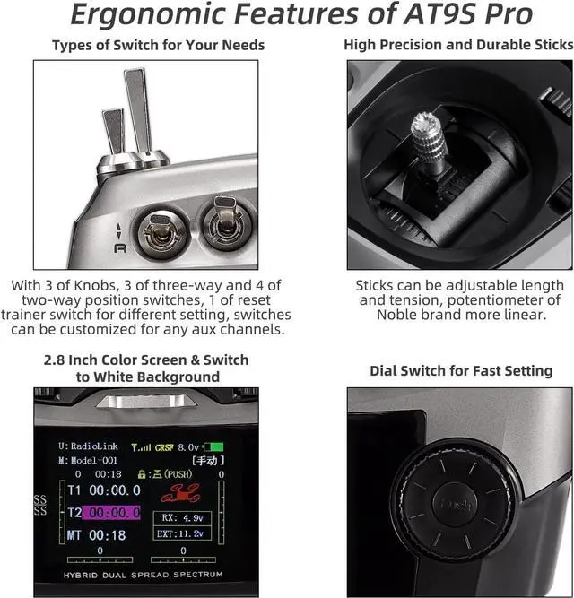 Alt view image 3 of 7 - Radiolink AT9S Pro 10/12 Channels Radio Transmitter and Receiver R9DS, Long Range for Airplane/Jet/FPV Racing Drone/Quad/RC Truck Car/Boat and More (Mode 2 Left Hand)