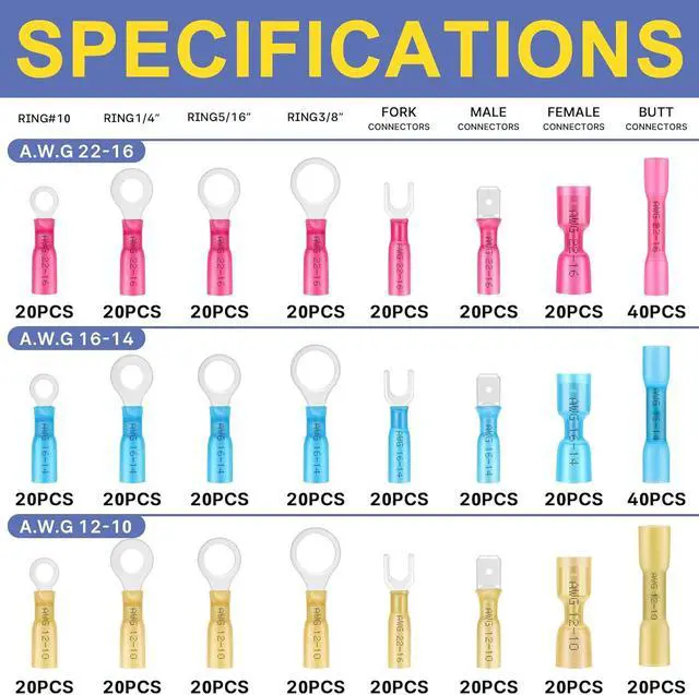 Alt view image 2 of 6 - 520PCS Marine Grade Heat Shrink Wire Connectors-Electrical Connectors Kit of Tinned Red Copper,16-14 22-16 12-10 Gauge Crimp Insulated Ring Fork Spade Butt Splices(3Colors/24Size)