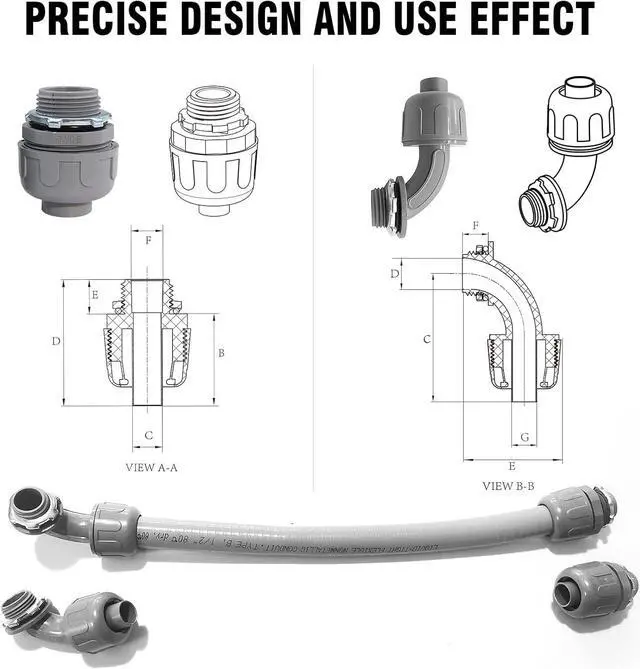 Alt view image 4 of 7 - Liquid Tight Connector Non-Metallic Electrical Conduit Fittings, PVC Flexible Conduit Fittings, UL Listed(Straight+90 Degree)