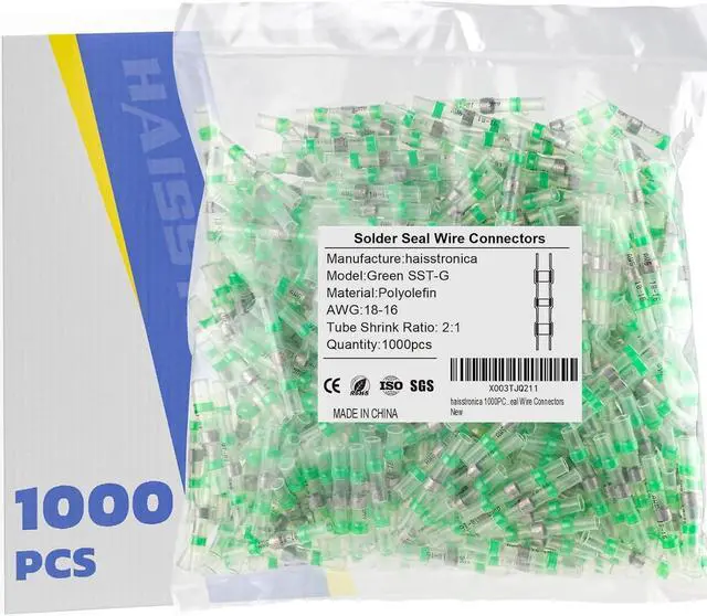 Main image of 1000PCS Green Solder Seal Wire Connectors, 18-16 AWG Marine Grade Waterproof Electrical Butt Terminals