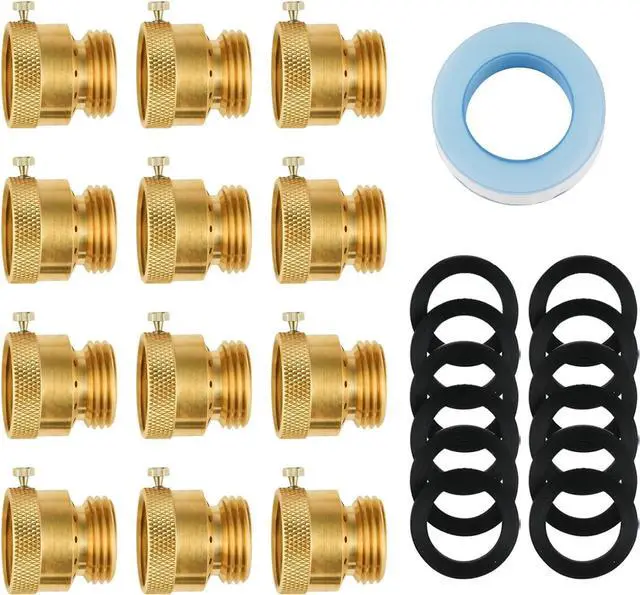 Main image of Anti Siphon Valve, Vacuum Breaker Set (12 Pcs), 3/4 Inch GHT Backflow Preventer Hose Bib Valve, Brass for Outdoor Faucet, Garden Spigot, RV, Anti-Backflow Hose Connector with Sealing Tape