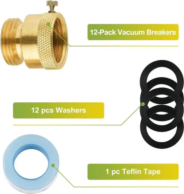 Alt view image 7 of 7 - Anti Siphon Valve, Vacuum Breaker Set (12 Pcs), 3/4 Inch GHT Backflow Preventer Hose Bib Valve, Brass for Outdoor Faucet, Garden Spigot, RV, Anti-Backflow Hose Connector with Sealing Tape