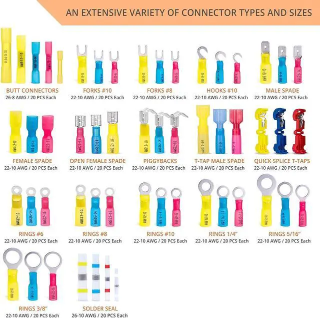 Alt view image 2 of 7 - Heat Shrink Wire Connectors Kit - a Resistant Electrical Connectors - Automotive Butt Connectors - Insulated Ring, Spade, Fork, Hook, T-Tap Crimp Terminals - 22-10 Gauge - 1080 PCS