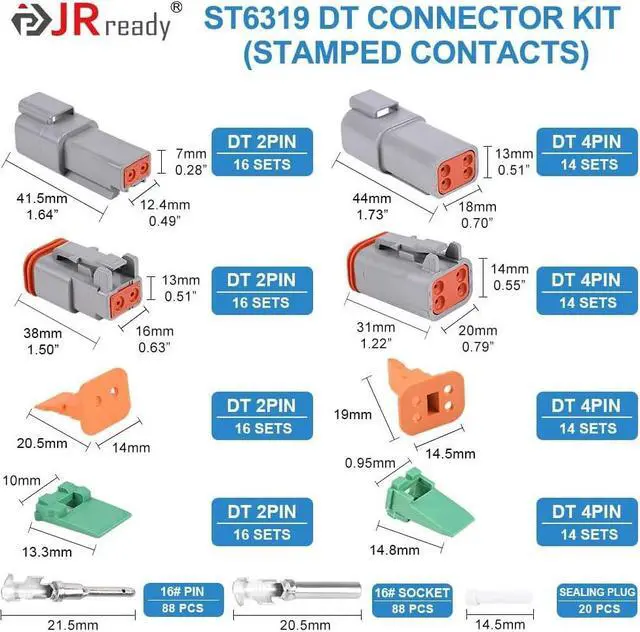 Alt view image 2 of 7 - Deutsch Connector Kit 2-Pin 4-Pin DT Series Gray Waterproof Connector, 88 PCS Stamped Formed Contacts(14-18AWG), Deutch Pin Kit for Marine, Motorcycles (ST6319)