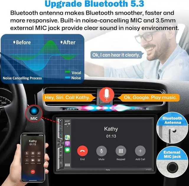 Alt view image 4 of 6 - Double Din Car Radio with Wireless  CarPlay and Android Auto, Bluetooth 5.3 Car Play, Mirror Link, 7" HD Touchscreen, Backup Camera, 4.2-Channel Audio Output, AM/FM Car Stereo