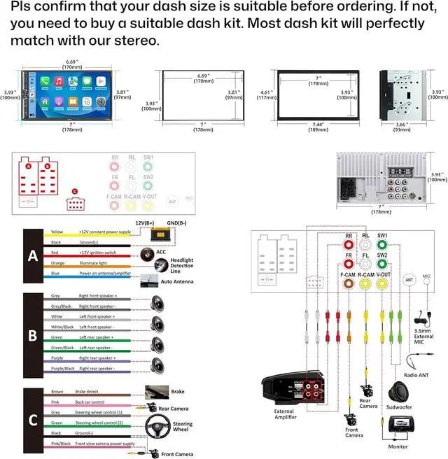 Alt view image 6 of 6 - Double Din Car Radio with Wireless  CarPlay and Android Auto, Bluetooth 5.3 Car Play, Mirror Link, 7" HD Touchscreen, Backup Camera, 4.2-Channel Audio Output, AM/FM Car Stereo