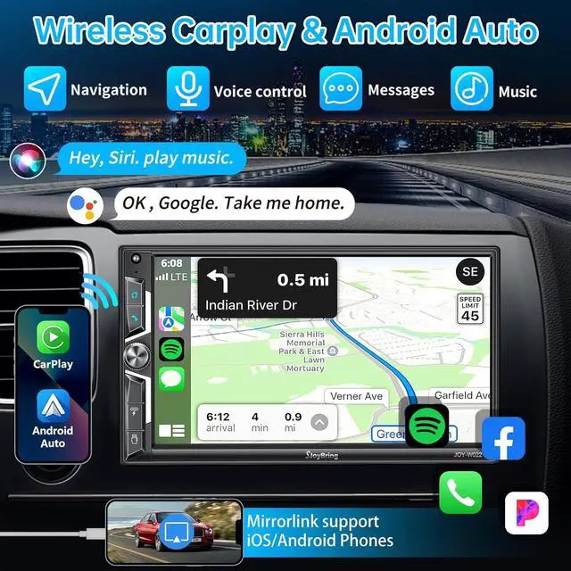 Alt view image 2 of 7 - Wireless Double Din Car Stereo with Carplay, Android Auto, QLED Touchscreen, Bluetooth, 4-Channel RCA, 60W*4 High Power, Subwoofer, 7" Car Radio Receiver, Backup Camera