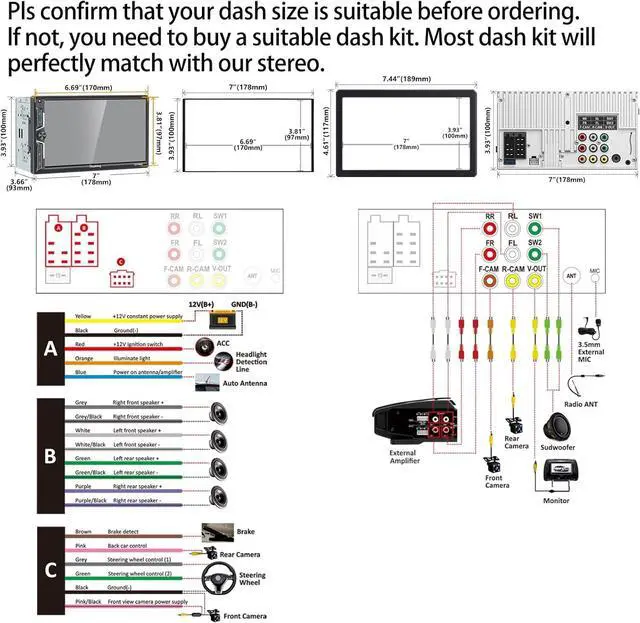 Alt view image 6 of 7 - Wireless Double Din Car Stereo with Carplay, Android Auto, QLED Touchscreen, Bluetooth, 4-Channel RCA, 60W*4 High Power, Subwoofer, 7" Car Radio Receiver, Backup Camera