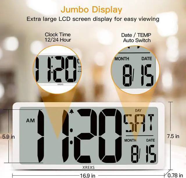 Alt view image 3 of 6 - Large Digital Wall Clock with Backlight, 16.9 Inch Jumbo LCD Screen with Time/Calendar/Temperature Display, Alarm Clocks for Bedroom Home Decor, Count Up & Down Timer (Batteries Included)