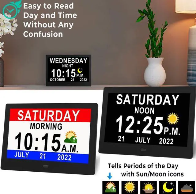 Alt view image 2 of 6 - 11.5 Inch Large Digital Clock with Auto DST and Sun Moon Icons, 20 Custom Reminders and Calendar Clock, Day Date Clock for Seniors Dementia Alzheimers' Clock with Remote Control