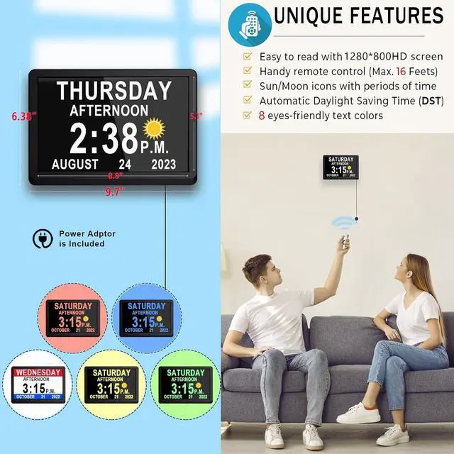 Alt view image 3 of 6 - 11.5 Inch Large Digital Clock with Auto DST and Sun Moon Icons, 20 Custom Reminders and Calendar Clock, Day Date Clock for Seniors Dementia Alzheimers' Clock with Remote Control