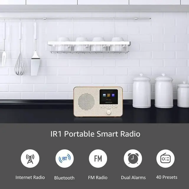 Alt view image 2 of 7 - Portable WiFi Internet Radio,FM Digital Radio,Bluetooth Speaker,Dual Alarms Clock,Sleep Snooze Timer,40 Presets, Headphone-Output,Colour Display,Batteries or Mains Powered  Walnut Finish