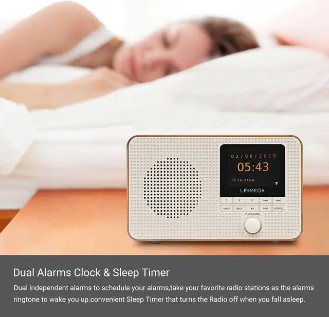Alt view image 6 of 7 - Portable WiFi Internet Radio,FM Digital Radio,Bluetooth Speaker,Dual Alarms Clock,Sleep Snooze Timer,40 Presets, Headphone-Output,Colour Display,Batteries or Mains Powered  Walnut Finish