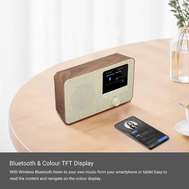 Alt view image 4 of 7 - Portable WiFi Internet Radio,FM Digital Radio,Bluetooth Speaker,Dual Alarms Clock,Sleep Snooze Timer,40 Presets, Headphone-Output,Colour Display,Batteries or Mains Powered  Walnut Finish