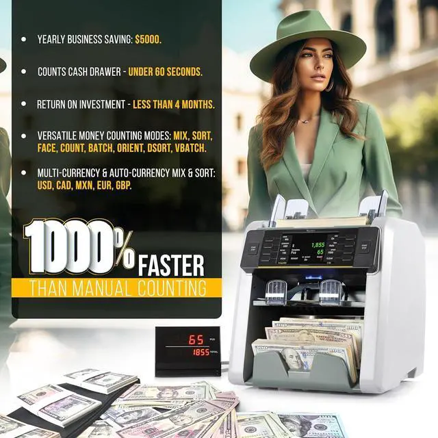 Alt view image 3 of 7 - Signature Bank-Grade Money Counter Machine Mixed Denomination | 2-Pocket Cash Counter Machine, Currency Discriminator | 3-Year Manufacturer's Warranty | 2 CIS UV/MG IR/MT SN/DV IRT