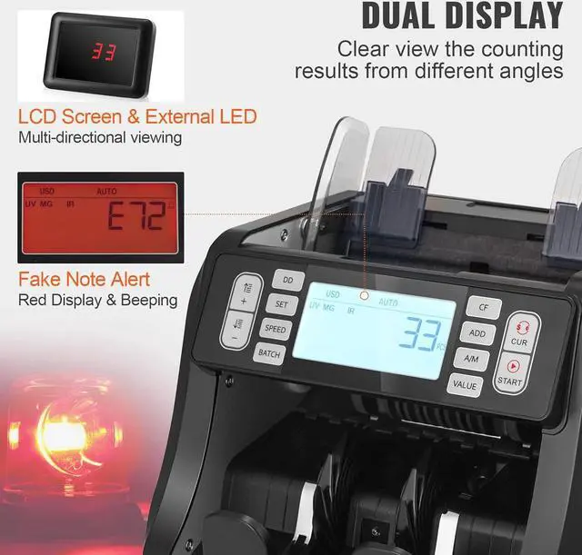 Alt view image 5 of 7 - Money Counter with UV, MG, IR, DD Detection for USD & EUR, Plus Addition & Batch Capabilities, Big LCD & External Display Included