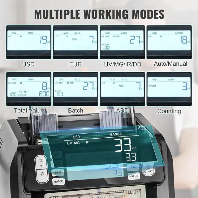 Alt view image 3 of 7 - Money Counter with UV, MG, IR, DD Detection for USD & EUR, Plus Addition & Batch Capabilities, Big LCD & External Display Included