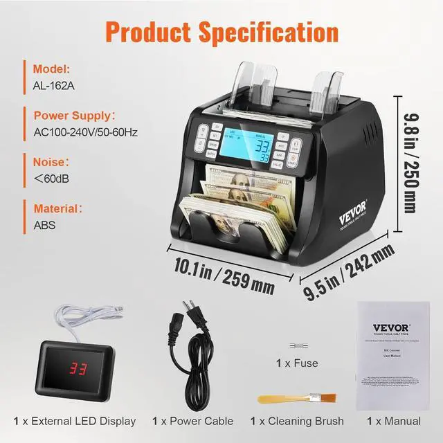 Alt view image 7 of 7 - Money Counter with UV, MG, IR, DD Detection for USD & EUR, Plus Addition & Batch Capabilities, Big LCD & External Display Included