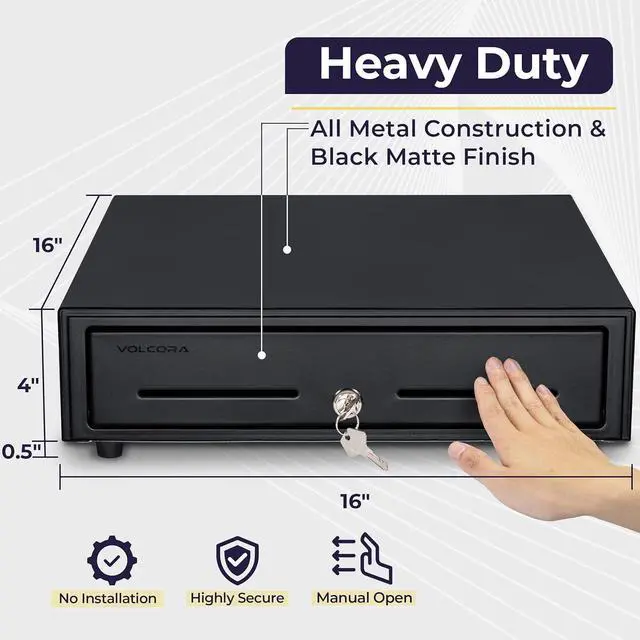 Alt view image 2 of 6 - Manual Push Open Cash Register Drawer for Point of Sale (POS) System, Black Heavy Duty Till with 5 Bills/8 Coin Slots, Key Lock with Fully Removable Money Tray and Double Media Slots