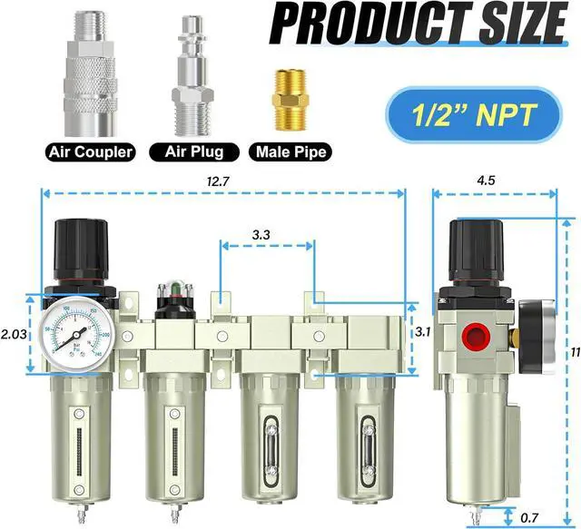 Alt view image 2 of 7 - 4 Stage Heavy Duty Industrial Grade 3/4" NPT Air Drying System For Plasma Cutter and Paint Spray, Coalescing Filter,Particulate Filter,Double Desiccant Dryer and Air Regulator,Manual Drain