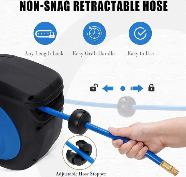 Alt view image 3 of 7 - 50ft x 3/8in Hybrid Polymer Hose Reel|Air Compressor Hose With 5in Lead in Brass Fittings | Wall Mount Reel 180°Swivel for Garage Workshop Ceiling & Wall | Max 300 PSI,Blue