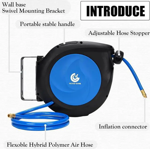 Alt view image 4 of 7 - 50ft x 3/8in Hybrid Polymer Hose Reel|Air Compressor Hose With 5in Lead in Brass Fittings | Wall Mount Reel 180°Swivel for Garage Workshop Ceiling & Wall | Max 300 PSI,Blue