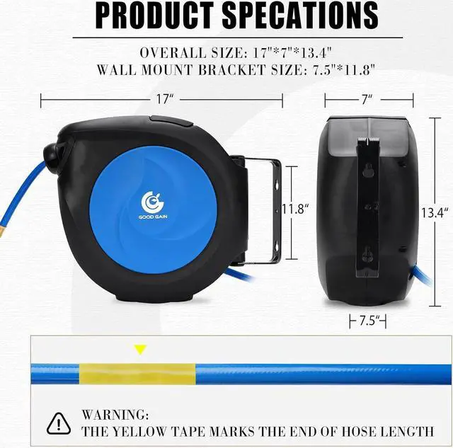 Alt view image 5 of 7 - 50ft x 3/8in Hybrid Polymer Hose Reel|Air Compressor Hose With 5in Lead in Brass Fittings | Wall Mount Reel 180°Swivel for Garage Workshop Ceiling & Wall | Max 300 PSI,Blue