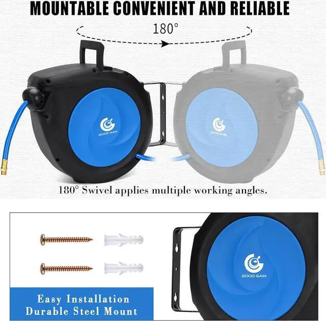 Alt view image 6 of 7 - 50ft x 3/8in Hybrid Polymer Hose Reel|Air Compressor Hose With 5in Lead in Brass Fittings | Wall Mount Reel 180°Swivel for Garage Workshop Ceiling & Wall | Max 300 PSI,Blue
