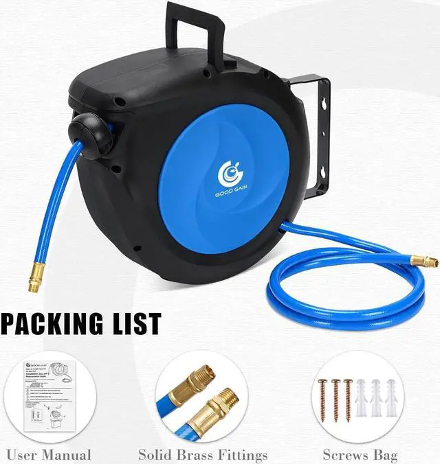Alt view image 7 of 7 - 50ft x 3/8in Hybrid Polymer Hose Reel|Air Compressor Hose With 5in Lead in Brass Fittings | Wall Mount Reel 180°Swivel for Garage Workshop Ceiling & Wall | Max 300 PSI,Blue