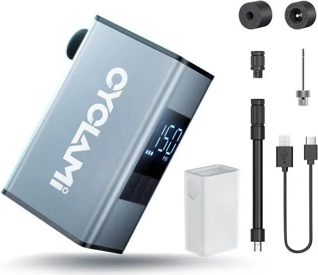 Main image of Mini Bike Tire Pump with Gauge, CYCLAMI Max 150/100 PSI Electric Bicycle Air Pump, Auto Stop, Presta and Schrader Valve Aluminium for All Bike, Type-C Rechargeable Battery