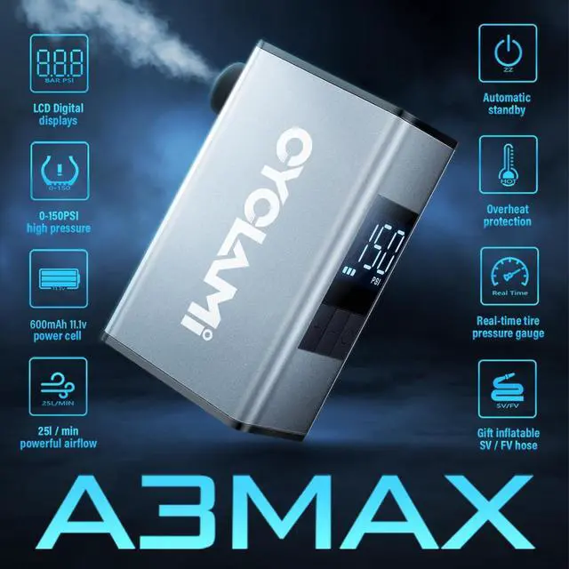 Alt view image 2 of 6 - Mini Bike Tire Pump with Gauge, CYCLAMI Max 150/100 PSI Electric Bicycle Air Pump, Auto Stop, Presta and Schrader Valve Aluminium for All Bike, Type-C Rechargeable Battery