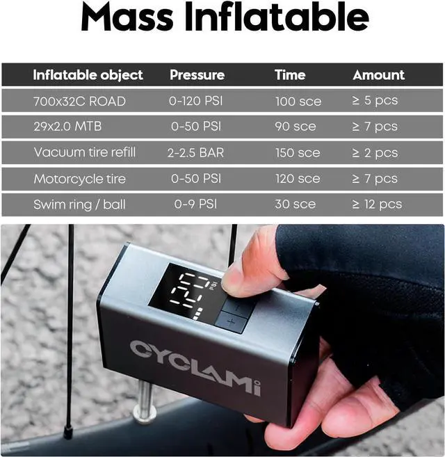 Alt view image 5 of 6 - Mini Bike Tire Pump with Gauge, CYCLAMI Max 150/100 PSI Electric Bicycle Air Pump, Auto Stop, Presta and Schrader Valve Aluminium for All Bike, Type-C Rechargeable Battery
