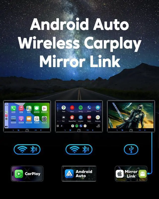 Alt view image 2 of 7 - Single Din Car Stereo Wireless  Carplay Android Auto Radio, 10.1" Car Play Touch Screen, Bluetooth 5.3 Car Audio Receiver, 4.2 Channel 240W, Subwoofers, Backup Camera, Navigation, FM/AM, SWC
