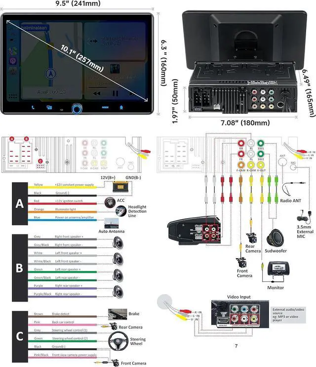 Alt view image 7 of 7 - Single Din Car Stereo Wireless  Carplay Android Auto Radio, 10.1" Car Play Touch Screen, Bluetooth 5.3 Car Audio Receiver, 4.2 Channel 240W, Subwoofers, Backup Camera, Navigation, FM/AM, SWC