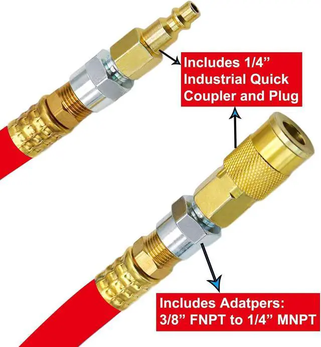 Alt view image 4 of 7 - Air Hose 1/2 in. x 50 ft, 300 PSI Hybrid Air Compressor Hose, Heavy Duty, Lightweight, Kink Resistant, All-Weather Flexibility with Bend Restrictors, 3/8" and 1/4" Air Fittings Kit, Red