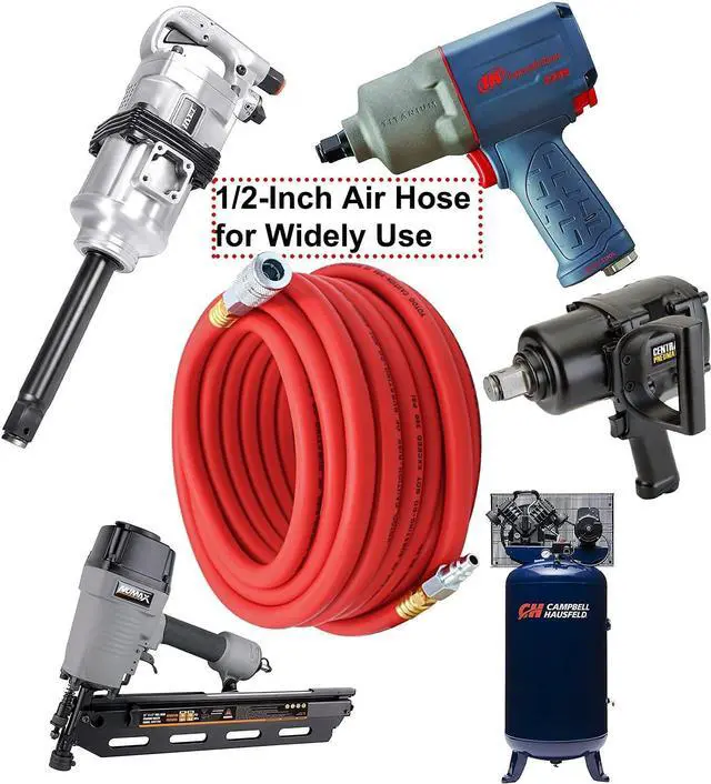 Alt view image 7 of 7 - Air Hose 1/2 in. x 50 ft, 300 PSI Hybrid Air Compressor Hose, Heavy Duty, Lightweight, Kink Resistant, All-Weather Flexibility with Bend Restrictors, 3/8" and 1/4" Air Fittings Kit, Red