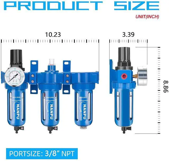 Alt view image 4 of 6 - Zinc Alloy 3 Stage Air System - Particulate Filter, Coalescing Filter, Desiccant Dryer & Air Regulator, Poly Bowl, Manual Drain, Mid Flow, Suitable for Paint Spray & Plasma Cutter (3/8" NPT)
