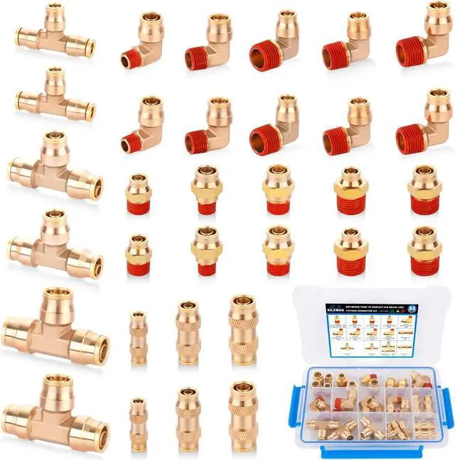 Main image of 32 Pcs Brass DOT Air Brake Line Fittings Assortment 1/4" 3/8" 1/2" Push to Connect Air Fittings Kit Quick Connect Fittings for Semi Truck Trailer Brake System or Industrial
