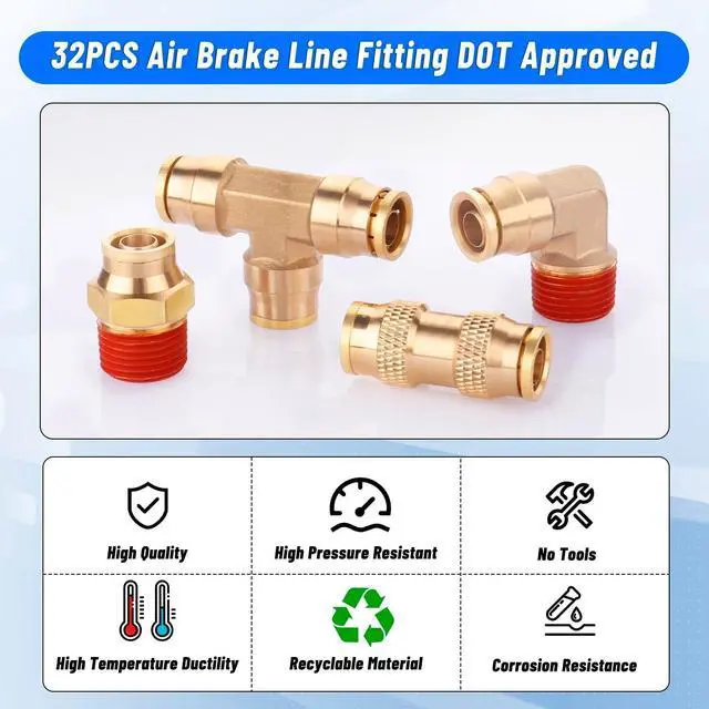 Alt view image 5 of 7 - 32 Pcs Brass DOT Air Brake Line Fittings Assortment 1/4" 3/8" 1/2" Push to Connect Air Fittings Kit Quick Connect Fittings for Semi Truck Trailer Brake System or Industrial