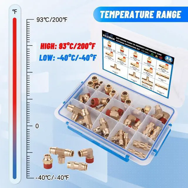 Alt view image 6 of 7 - 32 Pcs Brass DOT Air Brake Line Fittings Assortment 1/4" 3/8" 1/2" Push to Connect Air Fittings Kit Quick Connect Fittings for Semi Truck Trailer Brake System or Industrial