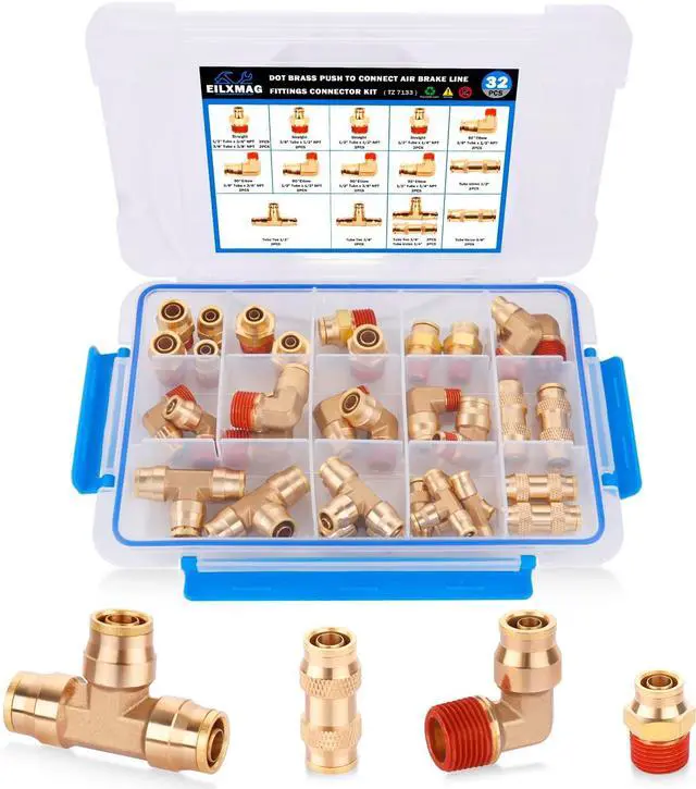 Alt view image 7 of 7 - 32 Pcs Brass DOT Air Brake Line Fittings Assortment 1/4" 3/8" 1/2" Push to Connect Air Fittings Kit Quick Connect Fittings for Semi Truck Trailer Brake System or Industrial