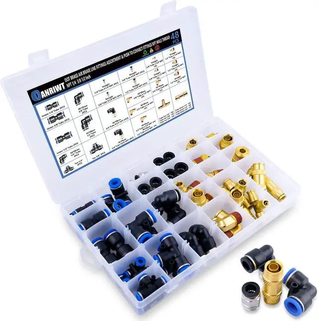 Main image of 48PCS DOT Air Line Fittings Assortment, 1/4" 3/8" 1/2" Push to Connect Fittings NPT Male Thread & DOT Brass Air Brake Line Fittings Kit for Trucks Trailers