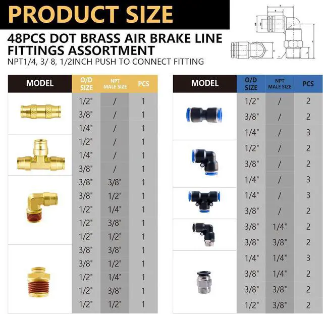 Alt view image 2 of 6 - 48PCS DOT Air Line Fittings Assortment, 1/4" 3/8" 1/2" Push to Connect Fittings NPT Male Thread & DOT Brass Air Brake Line Fittings Kit for Trucks Trailers