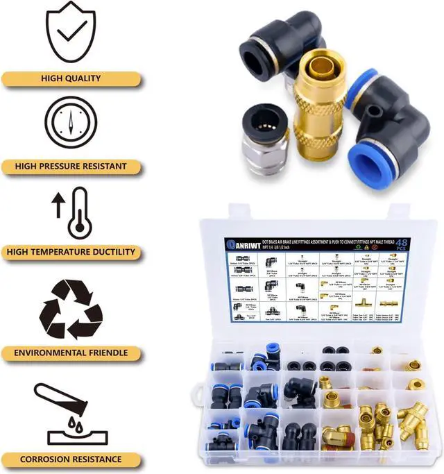 Alt view image 5 of 6 - 48PCS DOT Air Line Fittings Assortment, 1/4" 3/8" 1/2" Push to Connect Fittings NPT Male Thread & DOT Brass Air Brake Line Fittings Kit for Trucks Trailers