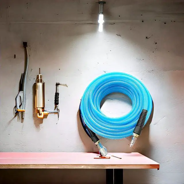 Alt view image 6 of 6 - Polyurethane(PU) Reinforced 3/8ID x 100ft, Air Hose, Non-kinking with 3/8 Reassembled Industrial High Flow Quick Coupler and Plug, Bend Restrictor, Transparent Blue(100)