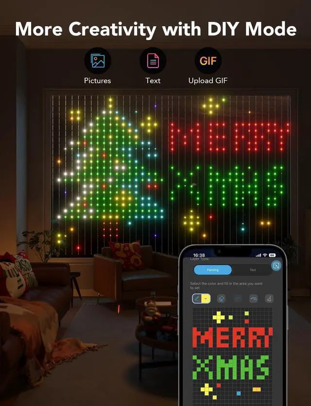 Alt view image 2 of 7 - Curtain Lights, Smart LED Curtain Lights, Color Changing Wall Lights, Dynamic DIY Curtain String Lights for Bedroom Living Room Halloween Decor, Outdoor IP65 Waterproof4.9x6.6ft, 520 RGBIC LED