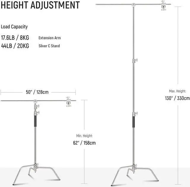 Alt view image 2 of 7 - C Stand with Boom Arm Pro 100% Stainless Steel, Max Height 10.8ft/330cm Air Cushion Heavy Duty Photography Light Stand with 4.2ft/128cm Holding Arm for Monolight Softbox Reflector