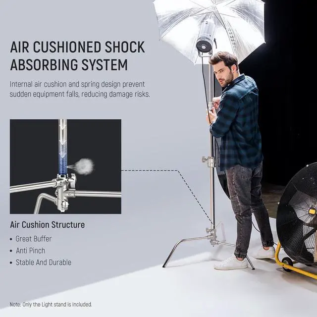 Alt view image 3 of 7 - C Stand with Boom Arm Pro 100% Stainless Steel, Max Height 10.8ft/330cm Air Cushion Heavy Duty Photography Light Stand with 4.2ft/128cm Holding Arm for Monolight Softbox Reflector