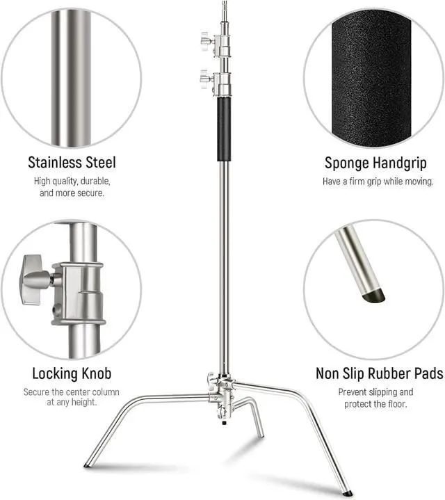 Alt view image 7 of 7 - C Stand with Boom Arm Pro 100% Stainless Steel, Max Height 10.8ft/330cm Air Cushion Heavy Duty Photography Light Stand with 4.2ft/128cm Holding Arm for Monolight Softbox Reflector